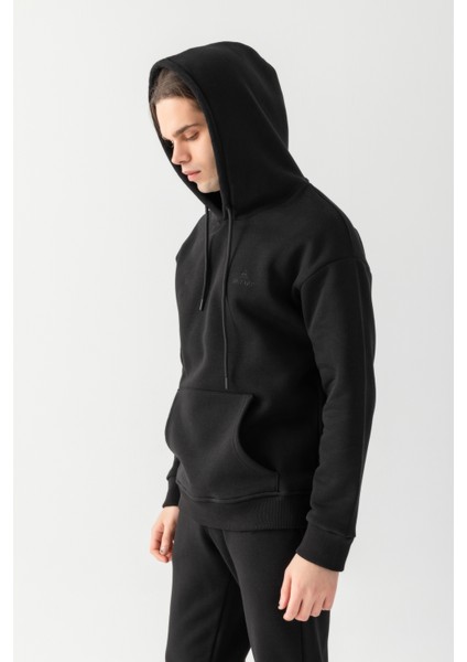 Peak Oversize Kapüşonlu Nakışlı Sweatshirt Siyah