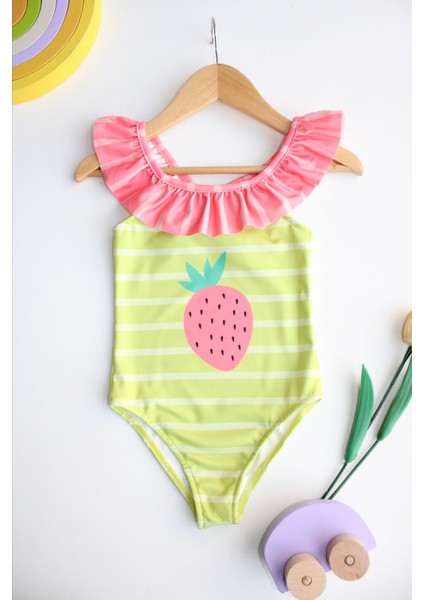 Kız Çocuk Çilek Desen Fırfır Yaka Yeşil Çizgili Pembe Detaylı Mayo Yeni Sezon