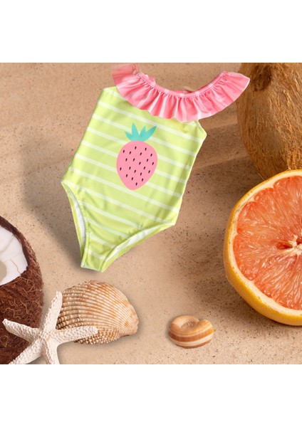 Kız Çocuk Çilek Desen Fırfır Yaka Yeşil Çizgili Pembe Detaylı Mayo Yeni Sezon fiyatları