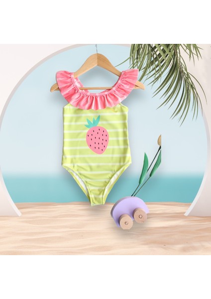 Kız Çocuk Çilek Desen Fırfır Yaka Yeşil Çizgili Pembe Detaylı Mayo Yeni Sezon fırsatları