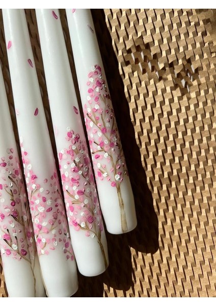 Sakura - Kiraz Çiçeği Desenli 2li Şamdan Mum Seti-2 Adet Mum - Sevgililer Günü Anneler Günü Hediyesi