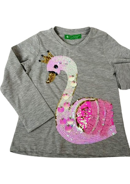 1-8 Yaş Kız Çocuk Sweat-Shirt Pullu Baskılı Kuğu Gri 5-6 Yaş Gri
