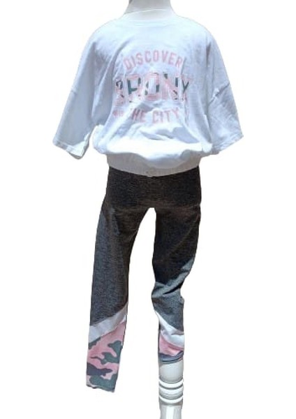8 - 14 Yaş Kız Çocuk Ikili Takım T-Shirt Tayt 11 Yaş Beyaz - Gri