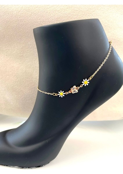 El Yapımı Mineli Papatyalı Kristal Kelebekli Kararmaz Kaplama Zincir Halhal