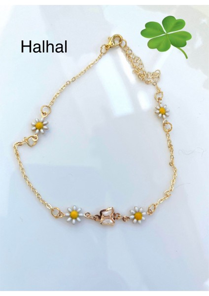El Yapımı Mineli Papatyalı Kristal Kelebekli Kararmaz Kaplama Zincir Halhal fiyatları