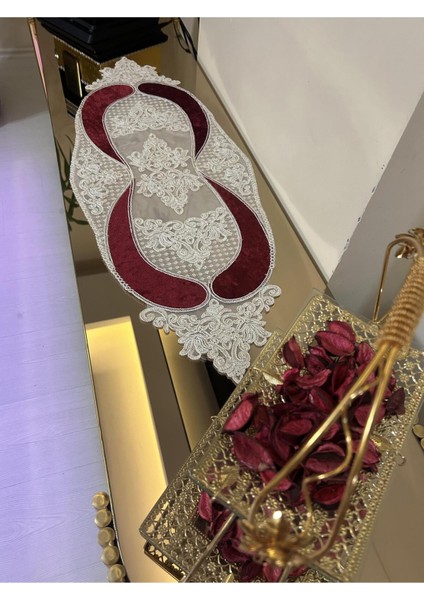 Yeni Lüks Runner Salon Masa Örtüsü Kadife Salon Takımı 5 Parça Nakışlı Bordo