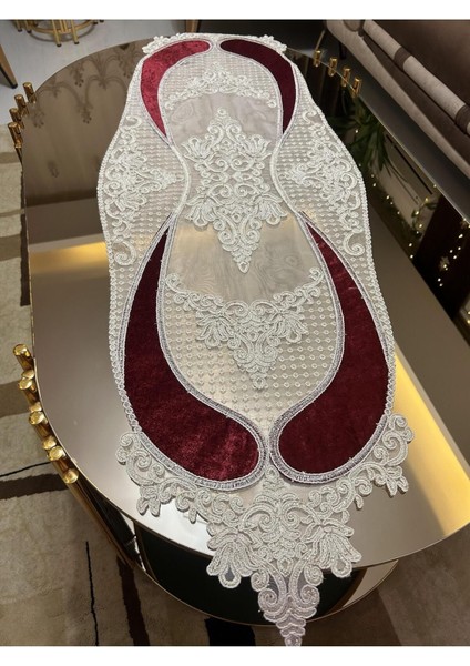 Yeni Lüks Runner Salon Masa Örtüsü Kadife Salon Takımı 5 Parça Nakışlı Bordo fiyatları