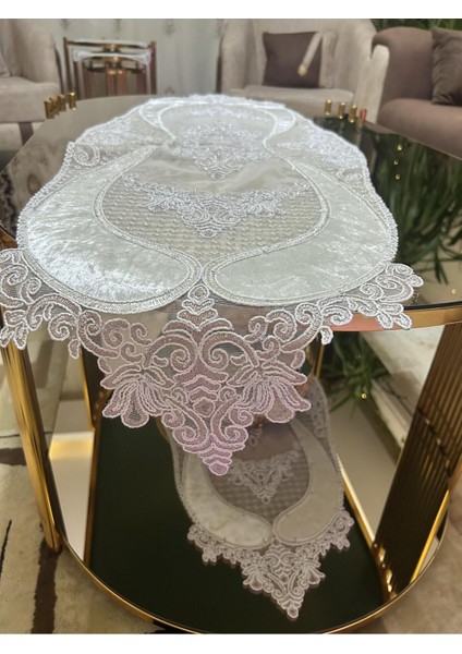Yeni Lüks Runner Salon Masa Örtüsü Kadife Salon Takımı 5 Parça Nakışlı Pembe