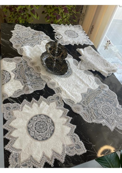 Yeni Lüks Runner Salon Masa Örtüsü Kadife Takımı 5 Parça (Krem)