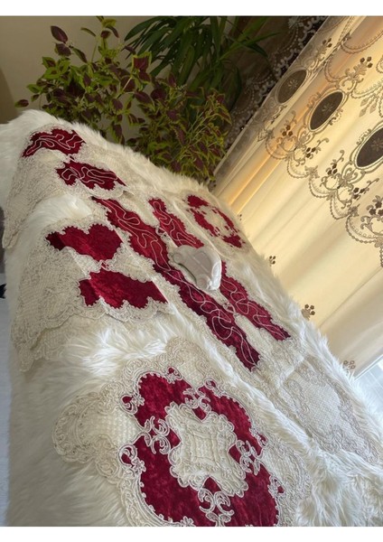 Yeni Lüks Runner Salon Oda Sehpa Masa Örtüsü Kadife Salon Takımı 5 Parça Bordo
