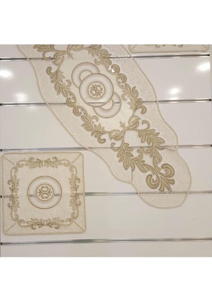 Yeni Lüks Runner Salon Oda Sehpa Masa Örtüsü Kadife Salon Takımı 5 Parça Krem Kapiçino