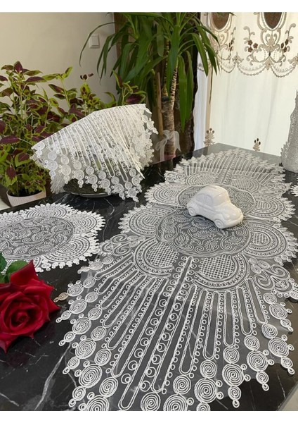 Yeni Lüks Runner Salon Oda Sehpa Masa Örtüsü Salon Takımı 5 Parça(Beyaz)