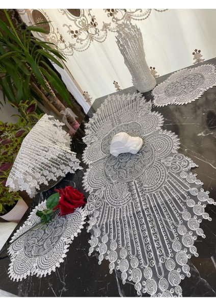 Yeni Lüks Runner Salon Oda Sehpa Masa Örtüsü Salon Takımı 5 Parça(Beyaz) fiyatları
