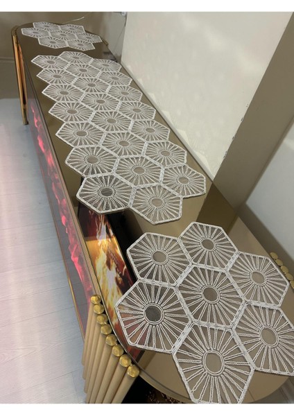 Yeni Lüks Runner Salon Oda Sehpa Masa Örtü Takımı Fransız Güpürlü Çeyizlik Set Beyaz 5 Parça Beyaz