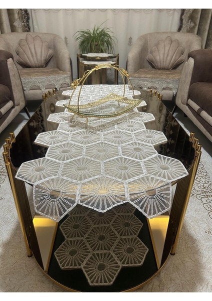 Yeni Lüks Runner Salon Oda Sehpa Masa Örtü Takımı Fransız Güpürlü Çeyizlik Set Beyaz 5 Parça Beyaz fiyatları