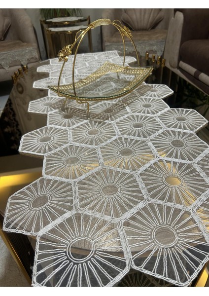 Yeni Lüks Runner Salon Oda Sehpa Masa Örtü Takımı Fransız Güpürlü Çeyizlik Set Beyaz 5 Parça Beyaz modelleri