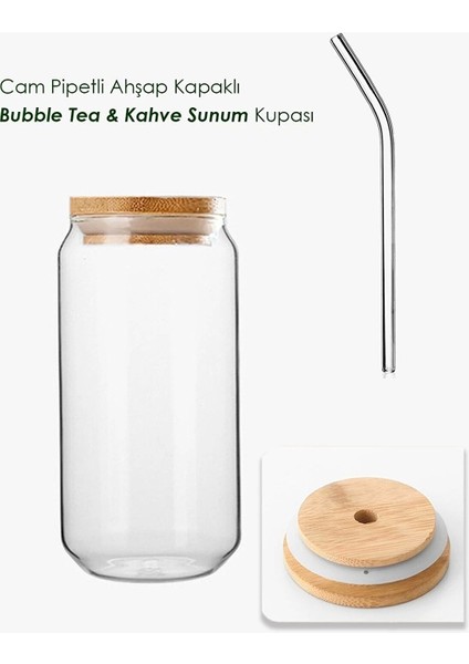 Bambu Kapaklı Isıya Dayanıklı Cam Pipetli 550 ml Meşrubat Kahve Sunum Bardağı | 4 Adet