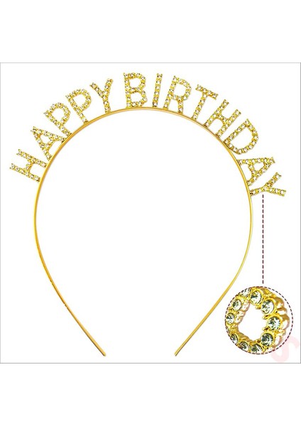 Altın Gold Renk Kristal Taşlı Parlak Happy Birthday Taç 16X17 cm