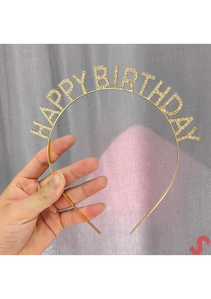 Altın Gold Renk Kristal Taşlı Parlak Happy Birthday Taç 16X17 cm