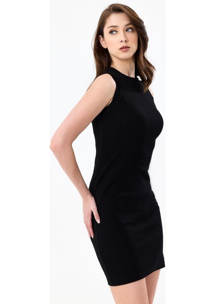 Siyah Bisiklet Yaka Kolsuz %95 Pamuklu Fitilli Elbise fiyatları