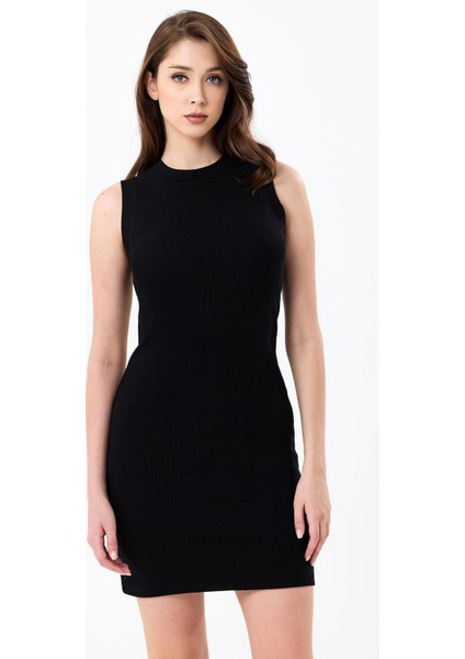 Siyah Bisiklet Yaka Kolsuz %95 Pamuklu Fitilli Elbise modelleri