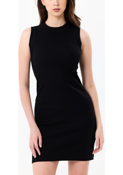 Siyah Bisiklet Yaka Kolsuz %95 Pamuklu Fitilli Elbise indirimleri