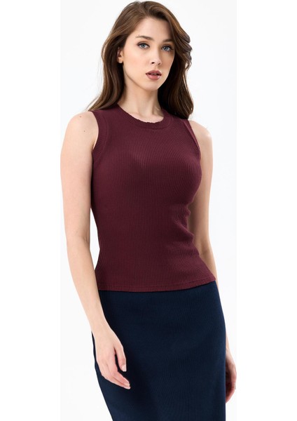 Bordo Bisiklet Yaka Kolsuz %95 Pamuklu Fitilli Kaşkorse Atlet Body