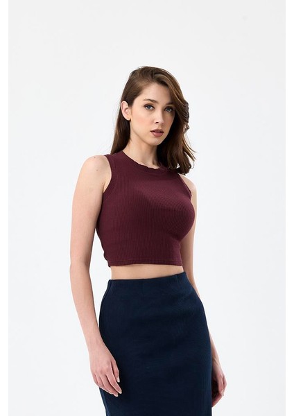 Bordo Bisiklet Yaka Kolsuz %95 Pamuklu Fitilli Kaşkorse Crop Atlet Body