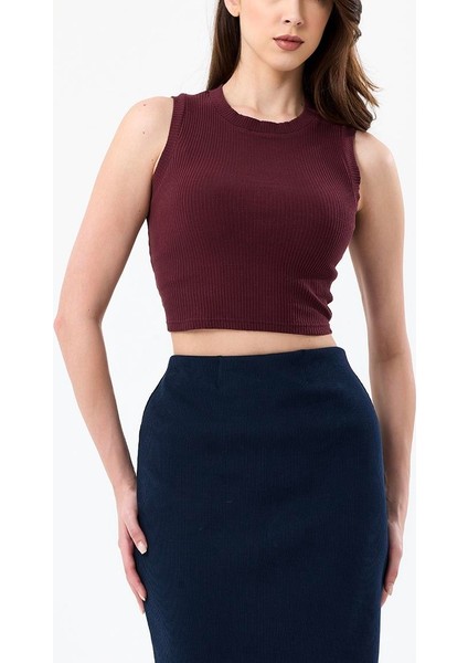 Bordo Bisiklet Yaka Kolsuz %95 Pamuklu Fitilli Kaşkorse Crop Atlet Body