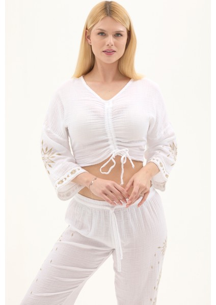 Müslin Beyaz Beli Lastikli Yazlık Kadın Pantolon
