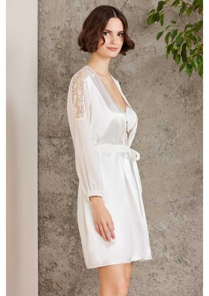 Pierre Cardin Saten Gecelik Sabahlık Pijama Şort 6'lı Gelin Çeyiz Seti Ekru 6005