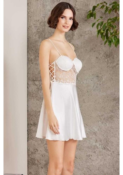 Pierre Cardin Saten Gecelik Sabahlık Pijama Şort 6'lı Gelin Çeyiz Seti Ekru 6005