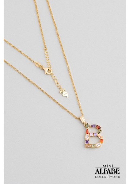 Mini B Harfi Renkli Zirkon Taşlı 18 Ayar Sarı Altın Kaplama 45 cm Gümüş Kolye