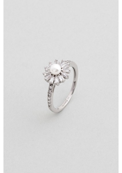 Inci Çiçeği 18 Ayar Beyaz Altın Kaplama Gümüş Yüzük