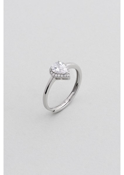 Damla Kesim 18 Ayar Beyaz Altın Kaplama Gümüş Tektaş Yüzük