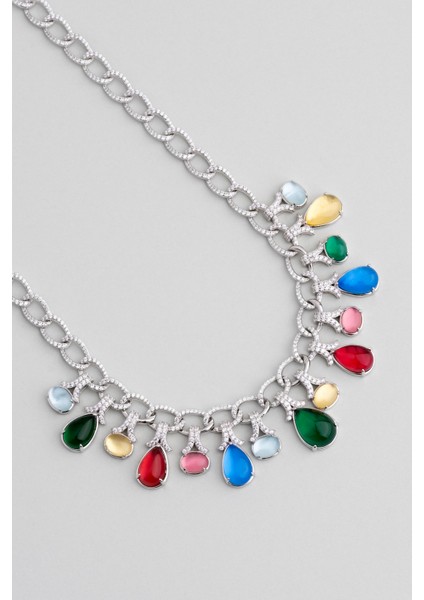 Tropik Renkler 18 Ayar Beyaz Altın Kaplama 45 cm Gümüş Tasarım Gerdanlık