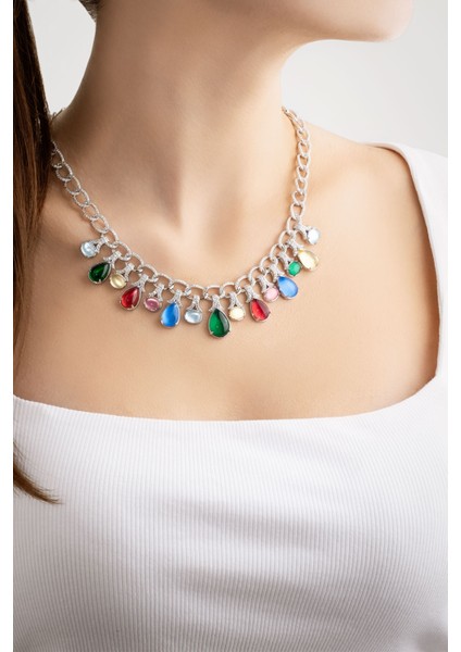 Tropik Renkler 18 Ayar Beyaz Altın Kaplama 45 cm Gümüş Tasarım Gerdanlık fiyatları