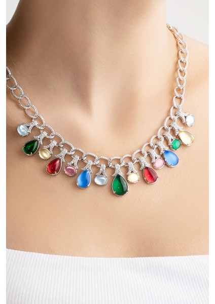 Tropik Renkler 18 Ayar Beyaz Altın Kaplama 45 cm Gümüş Tasarım Gerdanlık modelleri