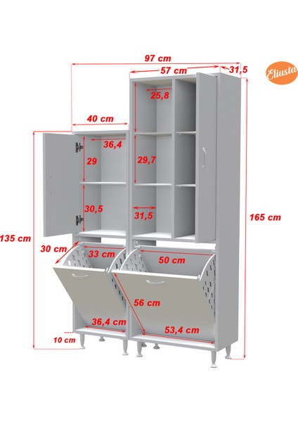 Modilayn Forbest Inci 97X165 cm 3 Kapaklı Kirli Çamaşır Dolabı Sepetli Banyo Dolabı