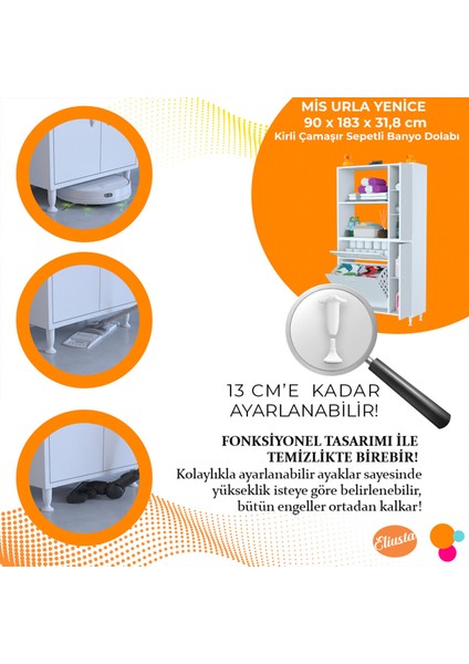 Modilayn Mis Urla Yenice 90 x 183 x 31,5 cm Kirli Çamaşır Dolabı Sepetli Banyo Dolabı