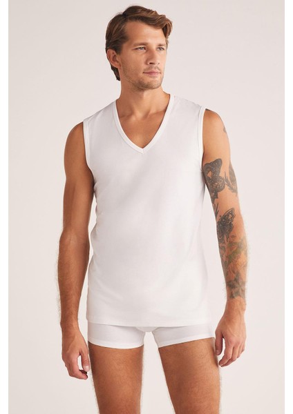 Kom Barny V Yakalı Pamuk 2 Li Erkek Atlet Beyaz