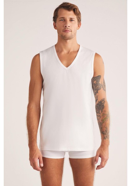 Kom Barny V Yakalı Pamuk 2 Li Erkek Atlet Beyaz modelleri