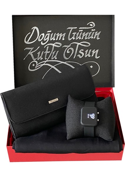 Hediye Set Kadın Siyah Dijital Kol Saati -Deri Cüzdan-Penyeşal
