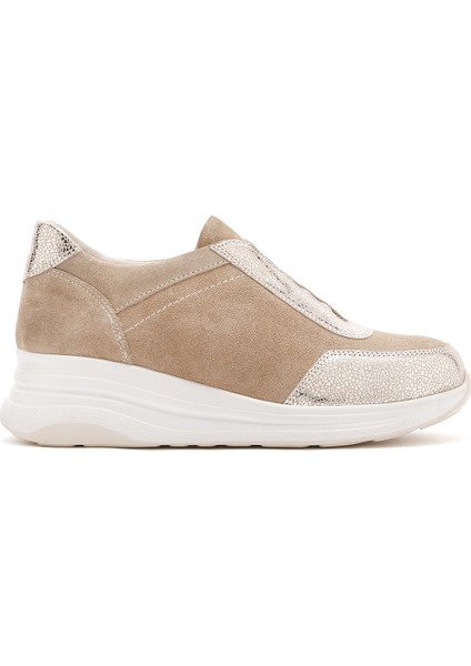 Kadın Bej Bağcıklı Deri Sneaker