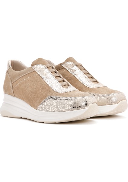 Kadın Bej Bağcıklı Deri Sneaker