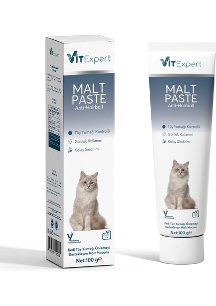 Anti Hairball Malt Paste Tüm Kediler Için Tüy Yumağı Önleyici Sindirime Yardımcı Malt Macun 100 gr