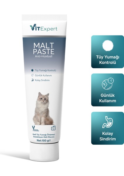 Anti Hairball Malt Paste Tüm Kediler Için Tüy Yumağı Önleyici Sindirime Yardımcı Malt Macun 100 gr