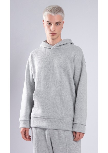 Unisex Oversize Kapüşonlu Cepli Sweatshirt Gri 4351