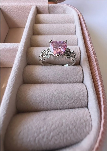 Gümüş Kaplama Kelebek Pembe Taşlı Ayarlanabilir Kalp Yüzük