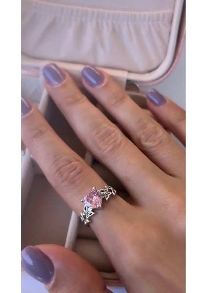 Gümüş Kaplama Kelebek Pembe Taşlı Ayarlanabilir Kalp Yüzük fiyatları
